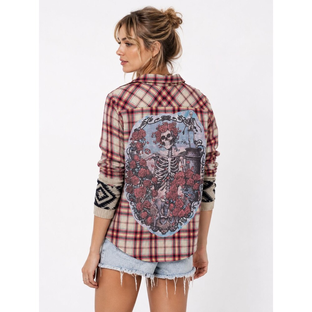 New Mountain Girl Clothing Button Down Top OOAK Plaid Skeleton Roses Size XS? S?